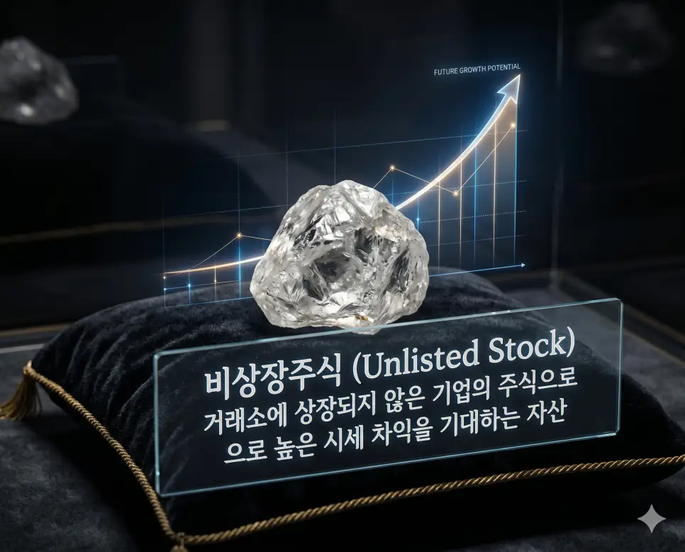 공시 뜻, 비상장주식 뜻, 사외이사 뜻: 기업 투명성과 고수익 투자의 핵심 정리 2 비상장주식(Unlisted Stock)의 의미를 설명하기 위해 상장되지 않은 기업의 숨겨진 가치를 상징하는 원석과 향후 성장 후 기대되는 막대한 수익 그래프를 담은 초정밀 실사 이미지입니다. 고위험 고수익 투자 자산으로서의 특성과 잠재적인 성장 잠재력을 시각적으로 구현하였습니다.