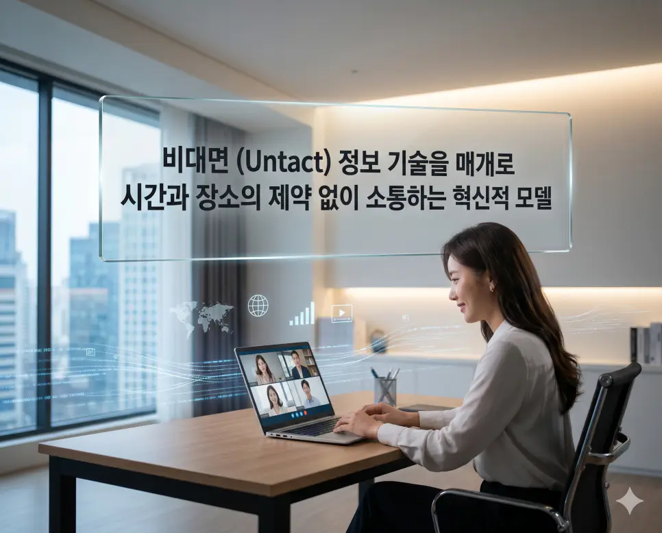 비대면 뜻을 시각화하기 위해 정보 통신 기술을 매개로 시간과 장소의 제약 없이 효율적으로 정보를 교환하는 현대 사회의 혁신적인 소통 모델을 담은 이미지