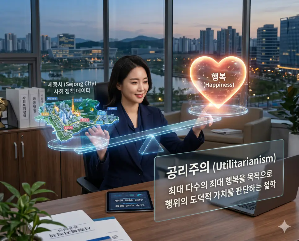 공리주의 뜻을 설명하기 위해 최대 다수의 최대 행복을 목적으로 도덕적 가치와 사회적 효용을 판단하는 실용적인 철학 원리를 표현한 시각 자료
