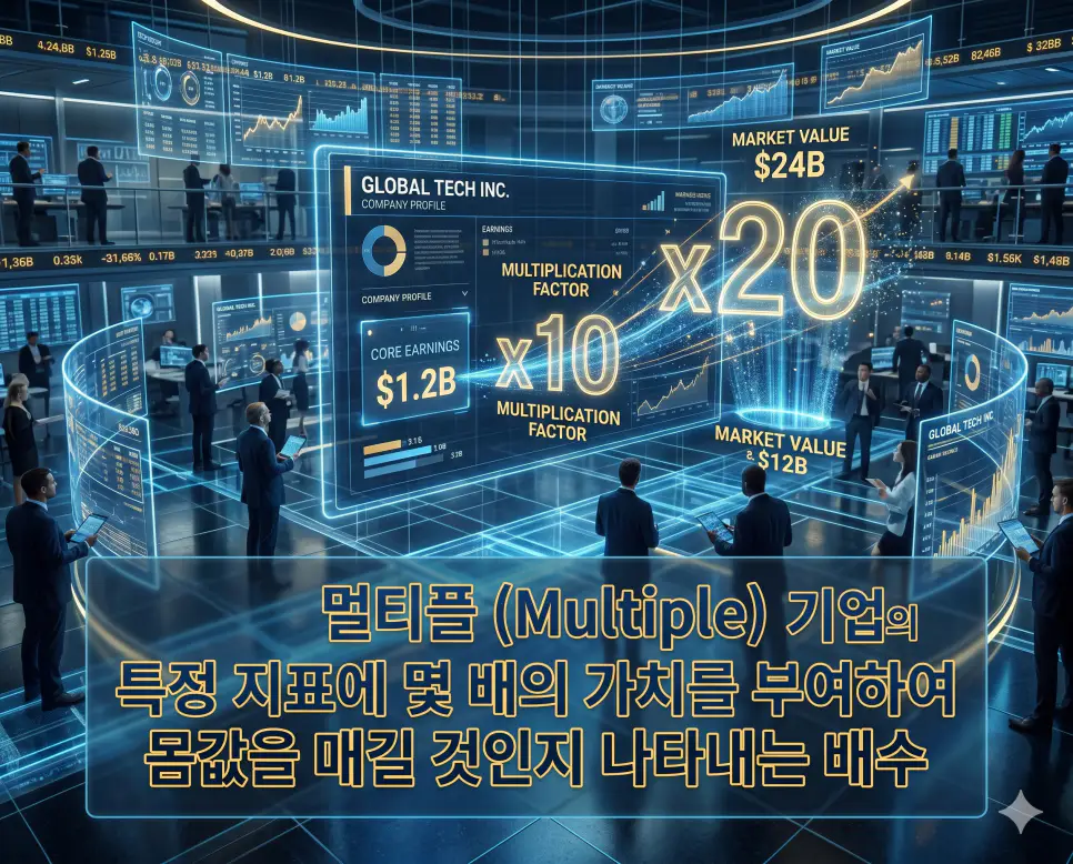 대차대조표 뜻, 유동비율 뜻, 멀티플 뜻: 재무 상태와 기업 가치 판단하기 3 멀티플 뜻을 설명하기 위해 기업의 이익 대비 시장 가치가 몇 배로 매겨지는지를 상징하는 디지털 배수 시각 자료