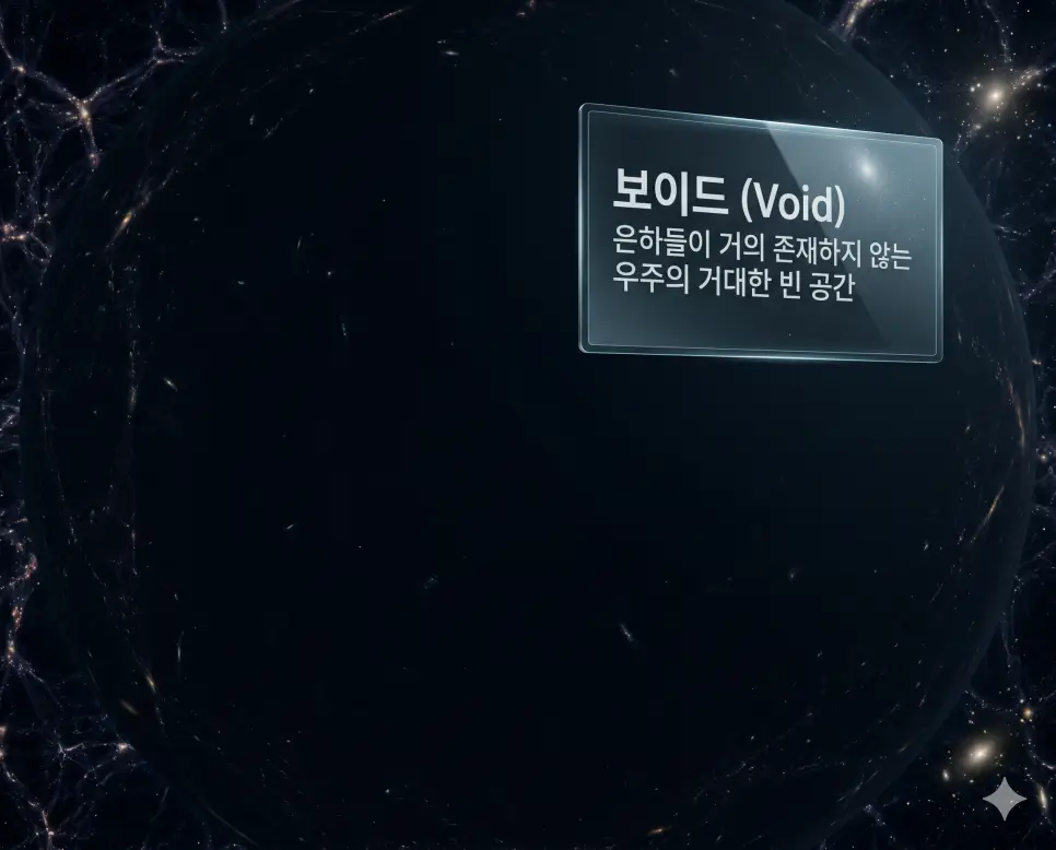 보이드 뜻을 시각화하기 위해 우주 거대 구조에서 은하들이 거의 존재하지 않는 거대한 암흑의 빈 공간을 포착한 천문 이미지