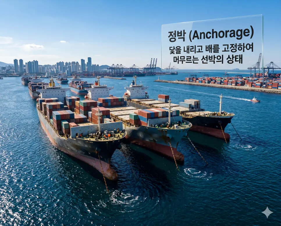정박 뜻을 시각화하기 위해 입항 순서를 기다리며 바다 위에 닻을 내리고 고정된 상태의 화물선들 사진