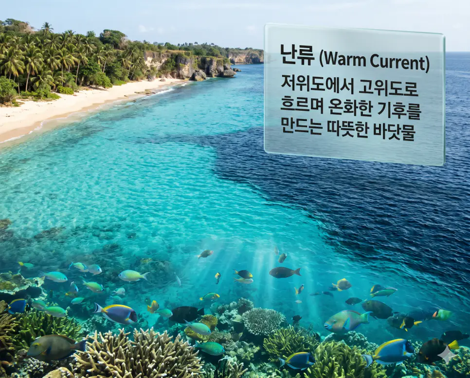 난류 뜻을 시각화하기 위해 따뜻한 수온을 유지하며 풍부한 생태계를 형성하는 열대 해류의 고화질 사진
