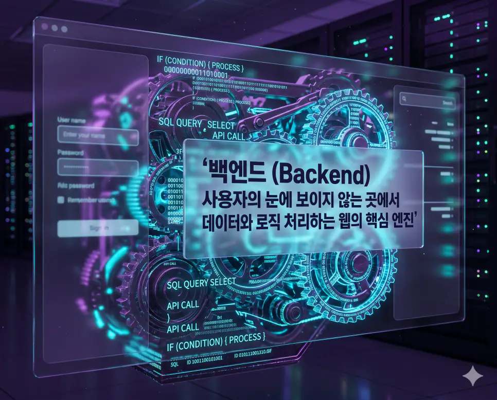 도메인 뜻, 서버 뜻, 백엔드 뜻: 웹사이트를 움직이는 3대 핵심 요소 3 백엔드 뜻을 설명하기 위해 사용자의 눈에 보이지 않는 서버 측에서 데이터와 비즈니스 로직을 처리하는 핵심 엔진을 상징적으로 표현한 시각 자료