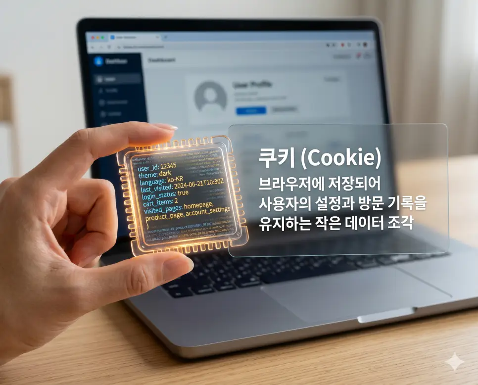 쿠키 뜻을 설명하기 위해 사용자의 설정과 방문 기록을 담아 브라우저에 저장되는 작은 데이터 조각을 현대적인 디지털 칩으로 시각화한 이미지