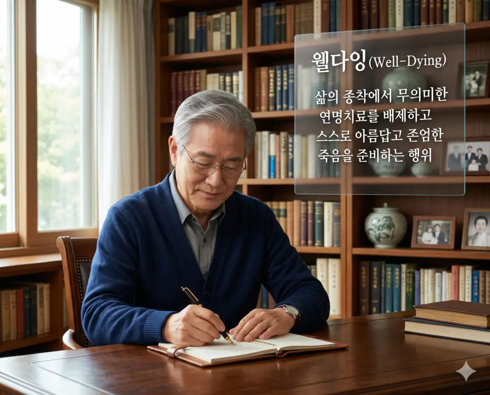 호스피스 병동 뜻, 웰다잉 뜻, 추모식 뜻: 존엄한 임종을 위한 완화의료와 아름다운 이별 준비 정리 2 웰다잉(Well-Dying)의 주체적인 죽음 준비 개념을 설명하기 위해, 고풍스러운 서재에서 인자하고 평온한 표정의 고령 한국인 남성이 가족에게 남길 마지막 편지를 정성스럽게 작성하며 삶을 아름답게 정리하는 모습을 묘사한 고해상도 실사 이미지입니다. 무의미한 연명 대신 존엄한 마무리를 스스로 선택하는 가치를 인물의 표정을 통해 표현했습니다.