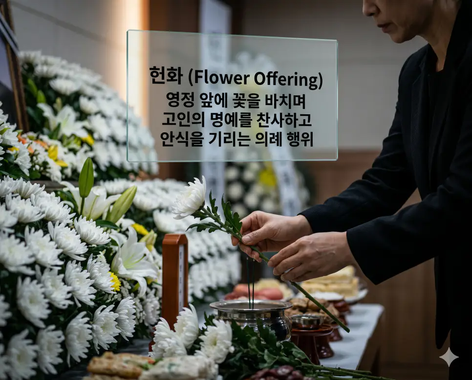 장례식 뜻, 빈소 뜻, 헌화 뜻: 고인을 모시는 공식적인 절차와 문상 공간 및 조문 예절 정리 3 헌화(Flower Offering)의 숭고한 행위를 즉각적으로 인지할 수 있도록, 검정 상복을 입은 조문객의 손이 정결한 하얀 국화 한 송이를 정성스럽게 잡아 고인의 영정 앞 꽃들 사이에 정중하게 올려놓는 의례 장면을 클로즈업 촬영한 고해상도 실사 이미지입니다. 꽃을 바치며 고인의 명예를 기리고 안식을 빌어주는 예의의 신성함을 인물의 세심한 손동작과 하얀 국화의 선명한 대비를 통해 직관적으로 시각화했습니다.