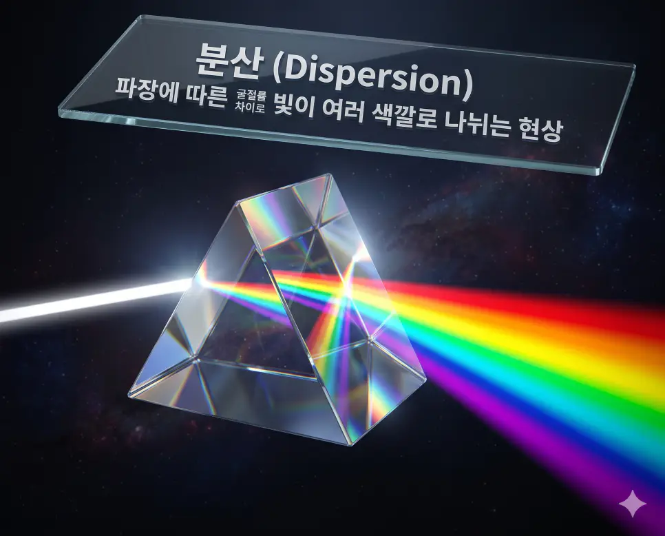 분산 뜻을 설명하기 위해 백색광이 프리즘을 통과하며 파장에 따라 꺾이는 정도가 달라져 일곱 빛깔 무지개색으로 나뉘는 시각 자료