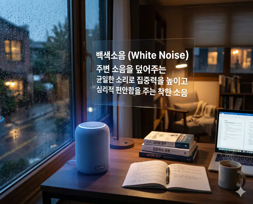 디지털 디톡스 뜻, 노이즈 캔슬링 뜻, 백색소음 뜻: 현대인의 뇌 휴식 가이드 3 백색소음 뜻을 설명하기 위해 빗소리나 파도 소리 같은 균일한 소리를 활용하여 집중력을 높이고 심리적 편안함을 얻는 학습 공간을 표현한 시각 자료