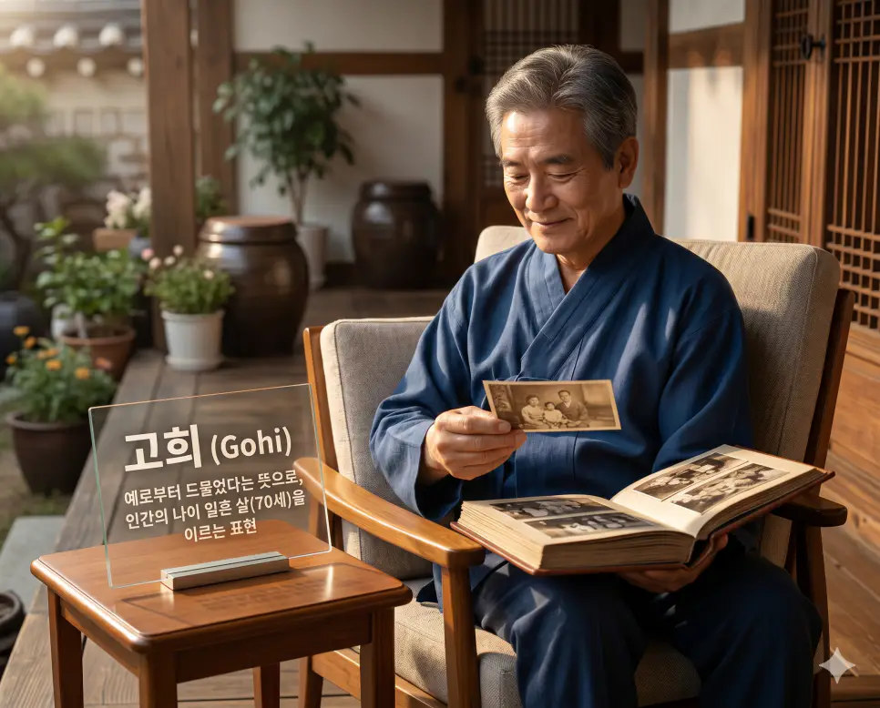 묘령 뜻, 약관 뜻, 고희 뜻: 인생의 가장 아름다운 나이와 연령별 전통 명칭 완벽 정리 3 고희(Gohi)의 지혜로운 황혼과 평온함을 즉각적으로 인지할 수 있도록, 평화로운 오후 햇살이 비치는 툇마루에 앉아 지난 세월을 추억하며 자애로운 미소를 짓고 있는 70세 한국인 어르신의 모습을 촬영한 고해상도 실사 이미지입니다. 예로부터 드문 장수의 기쁨과 평온한 삶의 깊이를 인물의 인자한 주름과 따뜻한 배경 분위기를 통해 직관적으로 시각화했습니다.