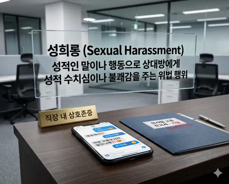 성희롱(Sexual Harassment)의 법률적·규정적 심각성을 즉각적으로 인지할 수 있도록, 세련된 사무실 책상 위에 원치 않는 불쾌한 한글 문자 메시지 대화창이 켜진 스마트폰과 그 옆으로 기업 인사위원회(HR)의 공식 고문서 및 단호한 차단선이 엄밀하게 정돈된 모습을 묘사한 자료입니다. 성적인 말이나 행동으로 상대방에게 불쾌감과 수치심을 주는 위법 행위의 본질을 직관적으로 시각화했습니다.