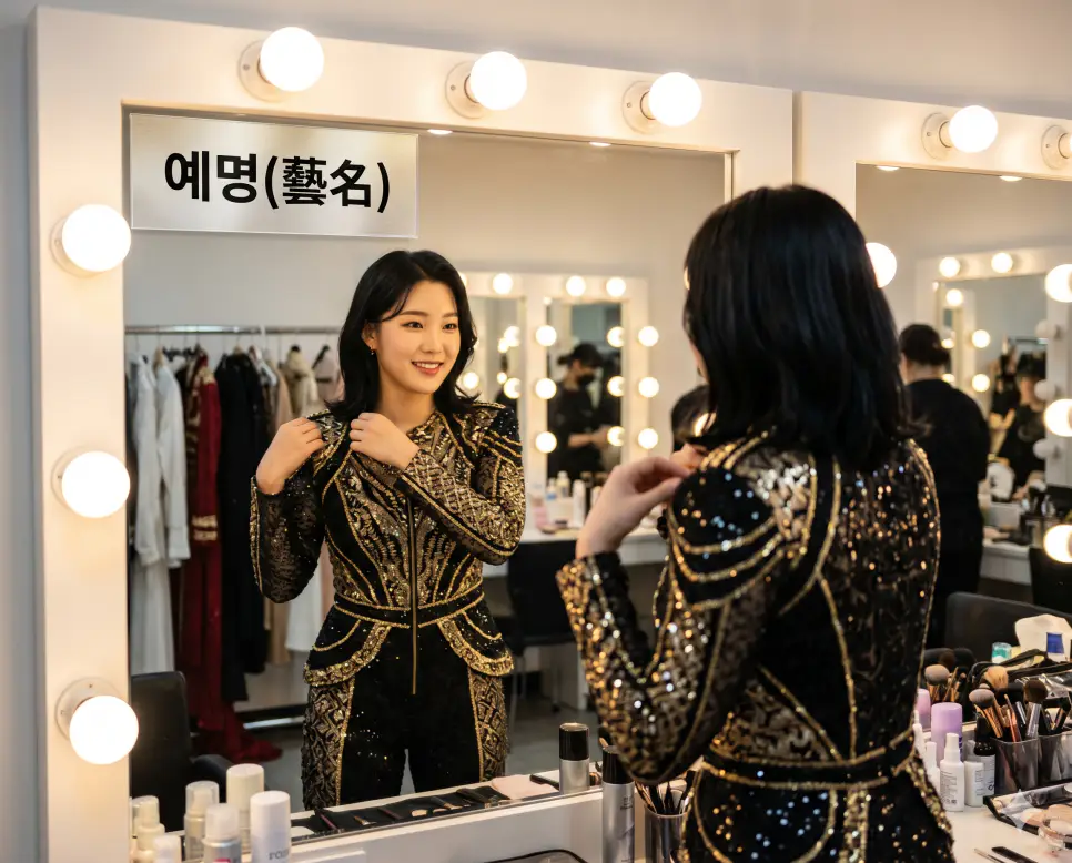 아명 뜻, 필명 뜻, 예명 뜻: 상황과 목적에 따라 부여되는 고유한 이름의 가치 3 예명 뜻 명칭을 표기하기 위해 대기실 조명 거울 앞에서 예술가가 무대 의상을 고치며 예명 명패를 비추는 인물 실사 이미지