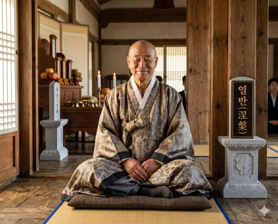 번뇌 뜻, 윤회 뜻, 열반 뜻: 세속적 집착을 끊고 도달하는 궁극적인 해탈과 평온 3 열반 뜻 해탈 경지를 표기하기 위해 명상 홀 내부에서 노승이 집착을 끄고 평온한 미소를 지으며 가부좌를 튼 인물 실사 이미지