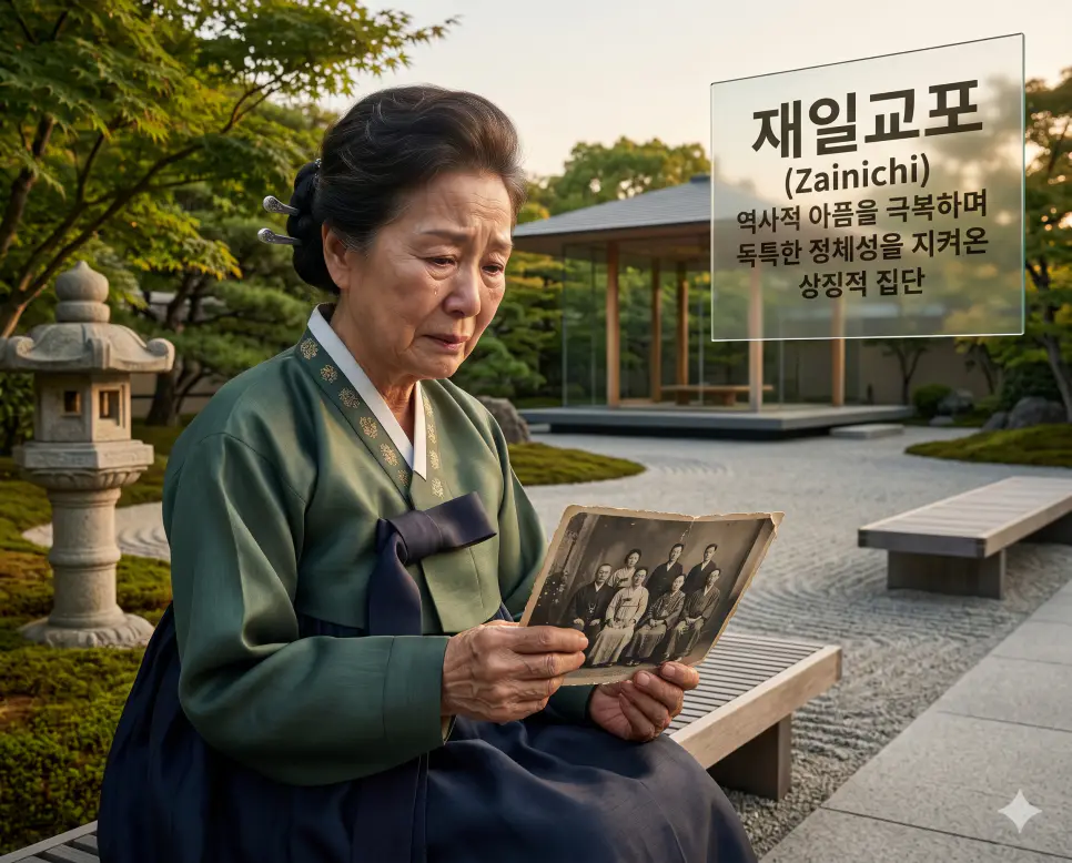 동포 뜻, 디아스포라 뜻, 재일교포 뜻: 한민족의 뿌리와 세계적 확산 3 재일교포 뜻을 설명하기 위해 일본 사회 내에서 역사적 아픔을 간직한 채 독특한 법적 지위와 한인 정체성을 지키며 살아온 상징적 집단을 표현한 시각 자료