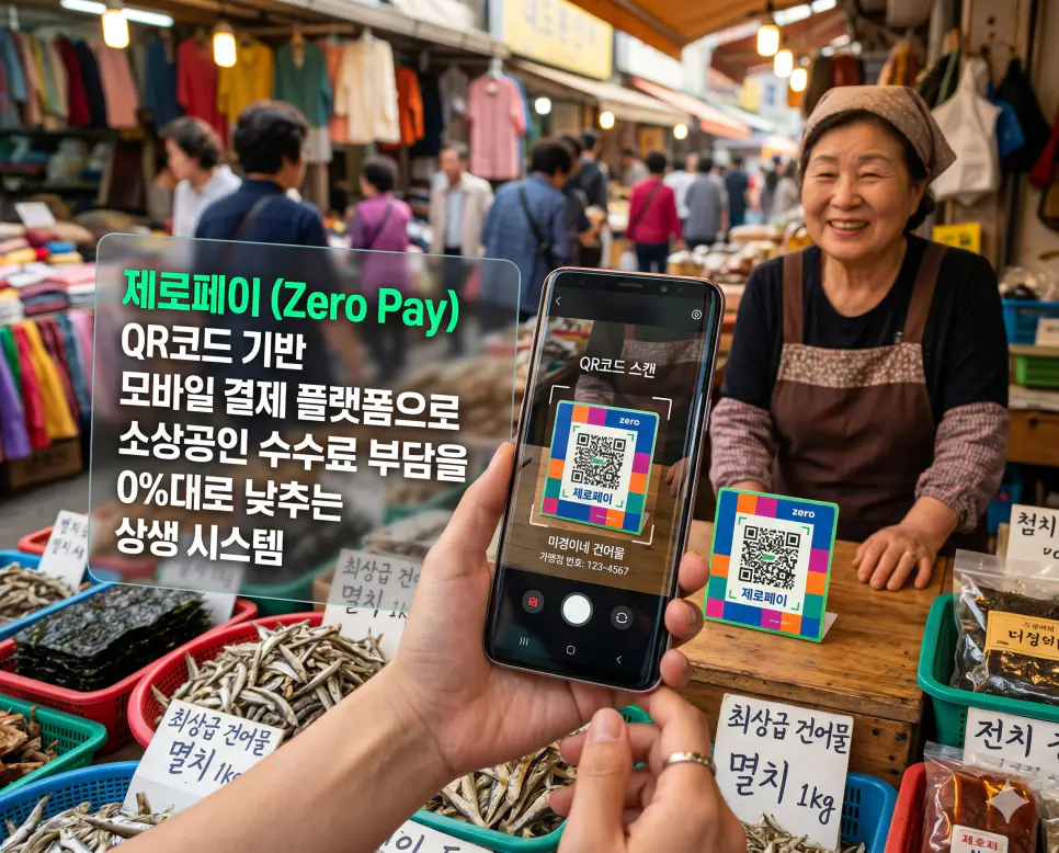 간편결제 뜻, 제로페이 뜻, 오프라인 온라인 뜻: O4O 시대의 금융과 세상 2 제로페이 뜻을 시각화하기 위해 QR코드를 스캔하여 소상공인 수수료 부담을 낮추는 상생형 모바일 결제 플랫폼을 담은 이미지