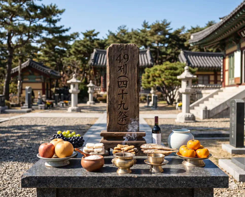 방생 뜻, 발원 뜻, 49제 뜻: 생명을 살리는 의례와 고결한 서원 및 마지막 제사 3 49제 마지막 제사 의례 뜻을 표기하기 위해 사찰 묘역 안 석조 제단 위에 향로의 연기가 피어오르고 표면에 키워드가 조각된 목조 위패 정물이 놓인 극실사 이미지