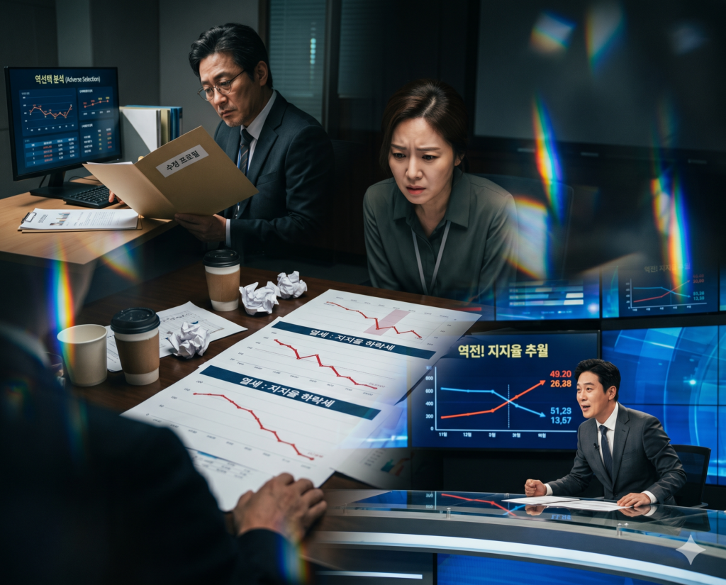 비대칭 리스크를 검토하는 역선택(Adverse Selection)의 업무 데스크, 불리한 지표를 타개하려는 열세(Disadvantageous Position)의 상황실, 데이터 뒤바꿈을 실시간 반영하는 역전(Dramatic Reversal) 스크린 요소를 종합 구도로 결합한 최고급 지표 포스터
