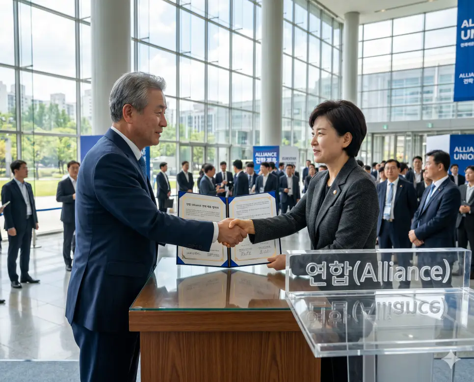 유세 뜻, 연립 뜻, 연합 뜻: 선거 선전 활동과 행정 결속 및 공동 실천 체계의 본질 3 서로 다른 조직, 정당, 또는 사회적 세력이 공통의 이해관계나 거대한 대의를 달성하기 위해 독자성을 유지하면서 힘을 합쳐 결속하는 공동 실천 행위인 연합(Alliance Union) 협약서를 당당하게 들어 보이는 대표들의 정면 이미지