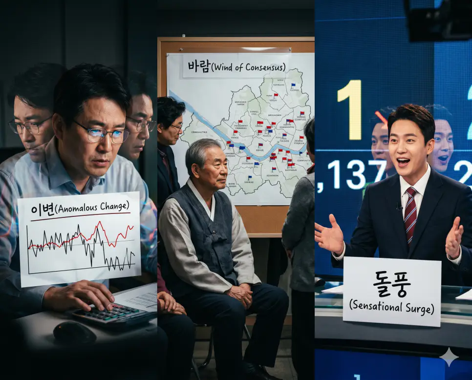 기존 모델을 벗어난 이변(Anomalous Change)의 데이터 스파이크, 거대한 개혁 여론의 확산을 담은 바람(Wind of Consensus)의 광장 깃발 물결, 강력한 수치 뒤바꿈을 실시간 반영하는 돌풍(Sensational Surge) 스크린 요소를 종합 구도로 결합한 최고급 지표 포스터