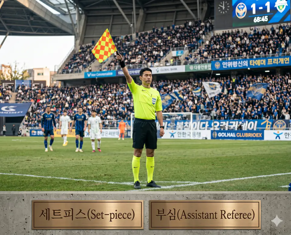 엔트리 뜻, 부심 뜻, 해트트릭 뜻: 공식 명단 등록과 판정 보좌 및 최고 기량의 본질 정리 2 축구 경기장 터치라인 외곽에 상주하며 주심의 사법적 판정을 보좌하고 오프사이드나 아웃 여부 데이터를 팩트 체크하는 부심판인 부심(Assistant Referee)의 공식 임무 현장을 관중이 가득 찬 경기장 터치라인 선상에서 주심의 사법 판정을 돕기 위해 노란색 유니폼을 입은 부심이 단호하게 깃발 사인을 가리키는 정면 극실사 모습