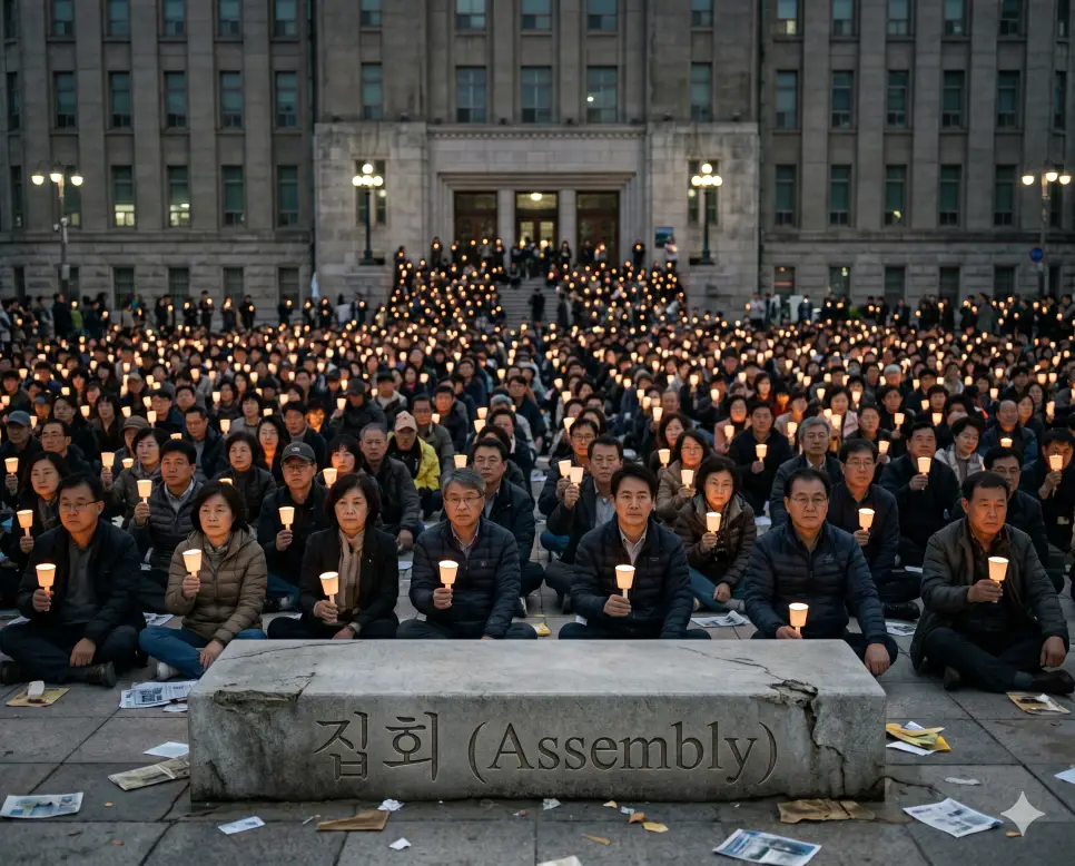 특정 목적을 가진 다수의 사람들이 일정한 장소에 공동으로 모여 의견을 교환하거나 결속을 다지는 정태적 회합인 집회(Public Assembly)의 정체성을 어스름한 저녁 광장 보도블록 위에서 수많은 시민들이 각자 종이컵 LED 촛불을 켜고 불규칙하고도 촘촘하게 모여 평화롭게 대열을 이룬 실제 집회의 현장감 넘치는 극실사 모습