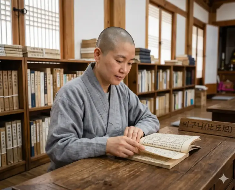 bhikkhuni reading scripture book real photography 8k