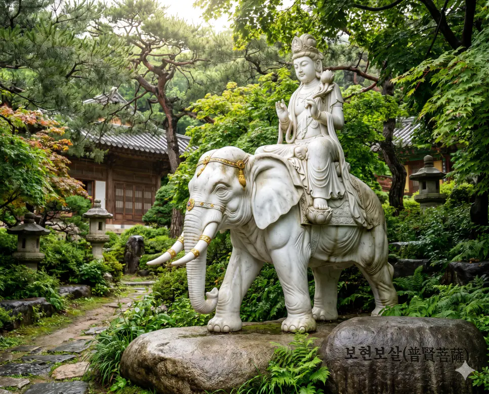 지장보살 뜻, 문수보살 뜻, 보현보살 뜻: 불교 철학으로 보는 구원의 서원과 지혜 및 위대한 실천 3 보현보살 자비와 선업을 펼치는 위대한 실천 뜻을 표기하기 위해 정원 바위 표면에 키워드가 조각된 소품 너머로 상징적인 흰 코끼리를 타고 있는 대리석 불상의 극실사 이미지