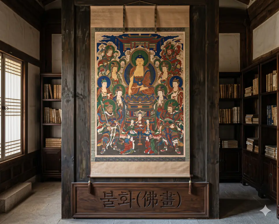 불화 경전의 신성한 서사와 불보살의 존엄성을 평면에 그려낸 그림 뜻을 표기하기 위해 서가 벽면 프레임 하단에 키워드가 조각된 소품 너머로 화려한 천연 안료가 칠해진 전통 탱화 두루마리의 극실사 이미지