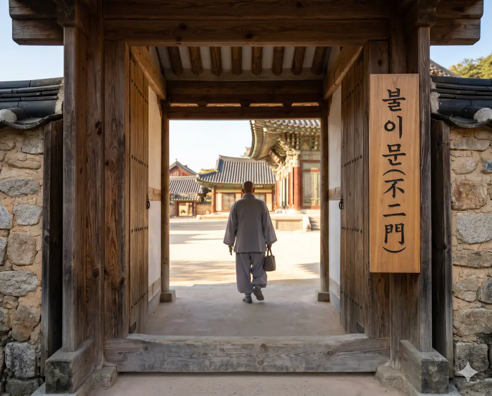 일주문 뜻, 불이문 뜻, 주지 뜻: 사찰의 신성한 관문과 최고 책임자의 역할 2 불이문 대립을 초월한 비이의 깨달음을 시각화하기 위해 사찰 마당으로 들어가는 돌담길 문틀 표면에 키워드가 정교하게 새겨진 소품 옆을 지나는 수행자의 극실사 모습