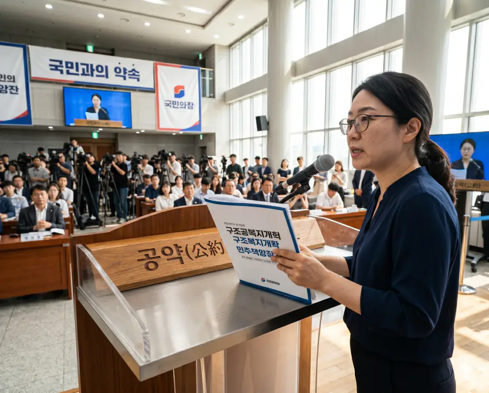 공직 선거에 출마한 후보자나 정당이 유권자들과의 정당한 신뢰를 바탕으로 당선 후 실천할 것을 공식 문서로 약속하는 공공의 정책 데이터인 공약(Campaign Pledge) 책자를 당당하게 들어 보이는 후보자의 정면 이미지