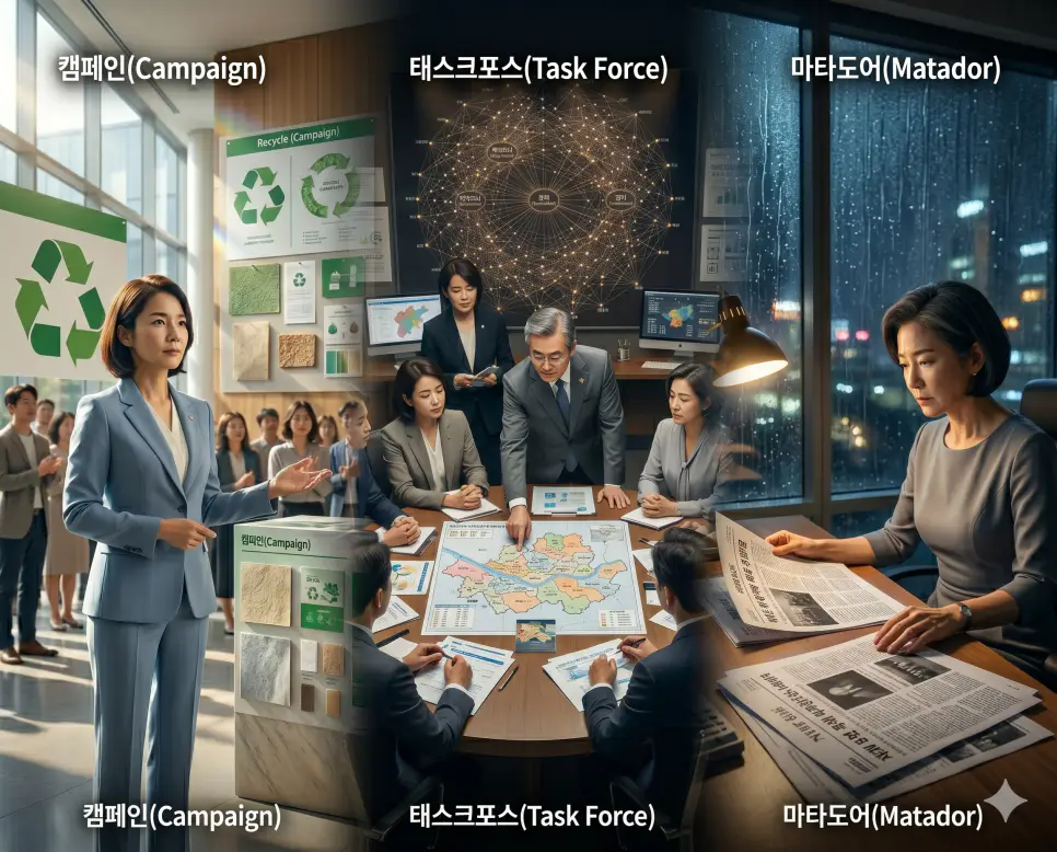 캠페인 뜻, 태스크포스 뜻, 마타도어 뜻: 조직적 소통 운동과 임시 전문 체제 및 흑색선전의 본질 4 시민 소통 가이드라인을 정비하는 캠페인(Public Campaign)의 공원 광장, 실무 협조 배치도를 검토하는 태스크포스(Emergency Task Force)의 원형 테이블, 흑색선전 지표를 분석하는 마타도어(Political Matador)의 대기실 테이블 요소를 종합 구도로 결합한 최고급 전략 포스터
