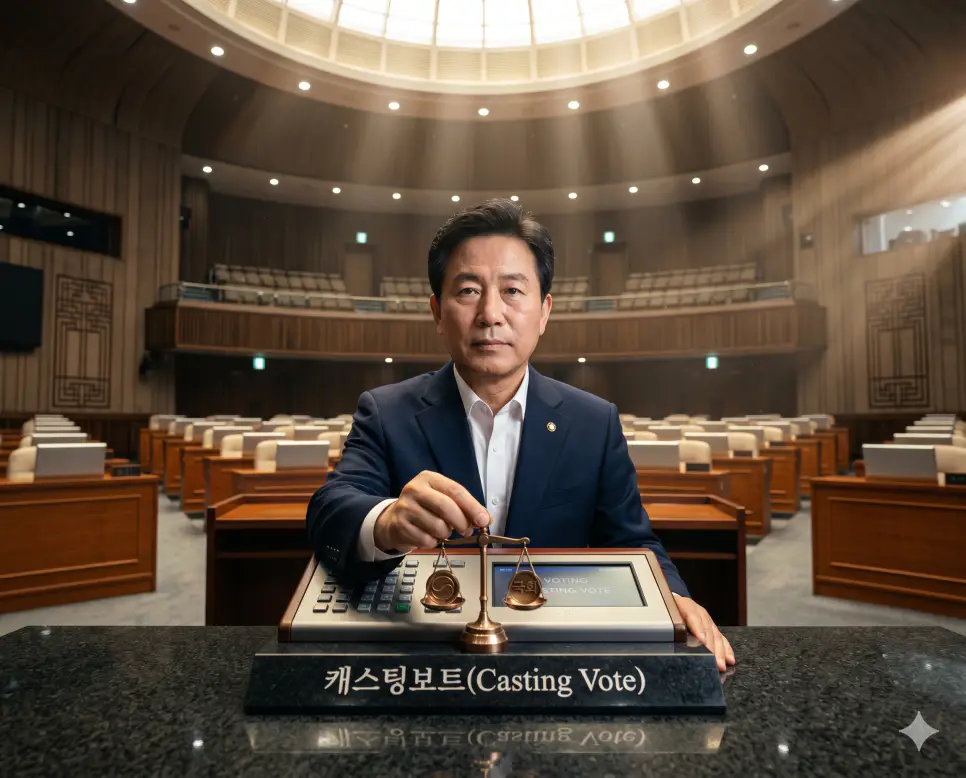 의회나 선거 국면에서 세력이 팽팽하게 맞서고 있을 때 승패를 결정짓는 핵심적인 결정권을 쥔 제3의 세력이나 표심인 캐스팅보트(Casting Vote) 시스템을 진중한 정면 표정으로 행사하는 의원의 극실사 모습