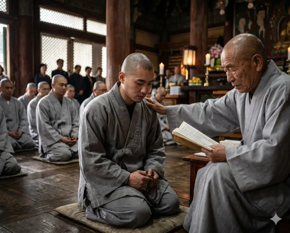 서원 뜻, 출가 뜻, 재가 뜻: 불교의 고결한 목표와 수행의 두 가지 길 2 출가 세속의 인연을 버리고 monastic 가르침으로 들어가는 의미를 시각화하기 위해 산사 대웅전 안에서 젊은 사미가 삭발 염의하는 극실사 모습