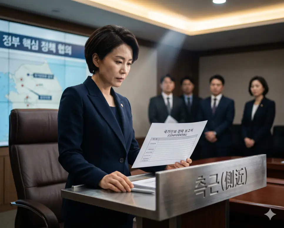 권력의 정점에 있는 인물의 곁에 가장 가까이 상주하며 신뢰를 바탕으로 보좌하거나 영향력을 미치는 핵심 인물 집단인 측근(Close Confidants) 보좌관이 정면 구도 브리핑실에서 보안 서류를 엄숙하게 검토하는 정면 이미지