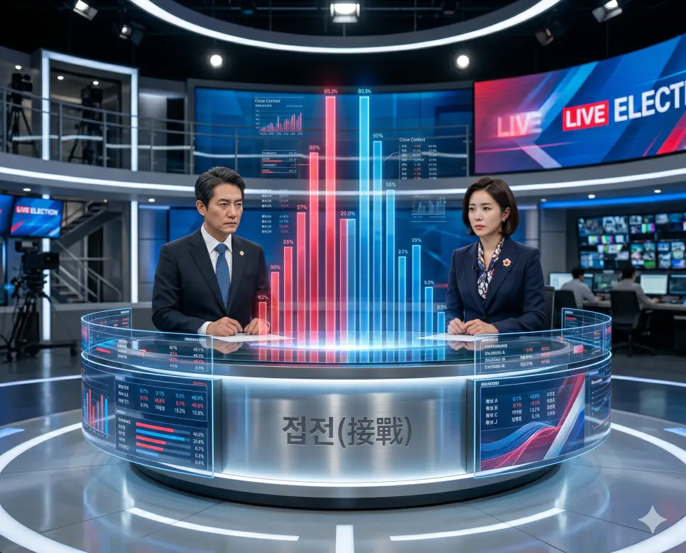 접전 뜻, 아젠다 뜻, 이슈 뜻: 치열한 경합 상태와 공식 의제 및 사회적 쟁점의 본질 1 서로의 세력이나 실력이 팽팽하게 맞서서 치열하게 싸우거나 경합하는 상태를 뜻하는 행정 및 경기 용어인 접전(Close Contest) 상황을 대형 방송 스튜디오의 실시간 지지율 홀로그램 화면을 통해 진중한 정면 표정으로 생중계하는 남녀 앵커의 극실사 이미지