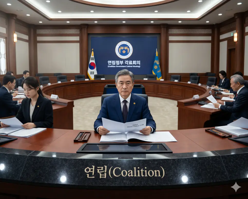 유세 뜻, 연립 뜻, 연합 뜻: 선거 선전 활동과 행정 결속 및 공동 실천 체계의 본질 2 둘 이상의 정당이 공동의 정책이나 정치적 목표를 실천하기 위해 연대하여 하나의 정부를 구성하거나 의회 내 세력을 결속하는 행정 체제인 연립(Coalition Government) 국정 로드맵을 진중한 정면 표정으로 검토하는 장관의 극실사 모습