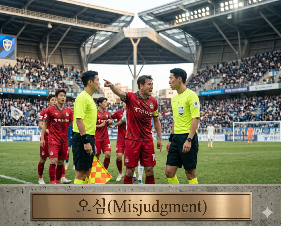 경기 진행 주체인 심판진의 순간적인 인지 오류나 판단 미스로 인해 규칙 조항을 잘못 적용하여 판정 정통성을 오염시킨 치명적인 오류 정황인 오심(Misjudgment)의 현장을 경기장 안에서 팀 주장이 주심에게 억울한 표정으로 판정에 대해 강하게 항의하며 정면을 바라보는 실제 스포츠 경기 현장 구도로 고증한 정면 극실사 모습