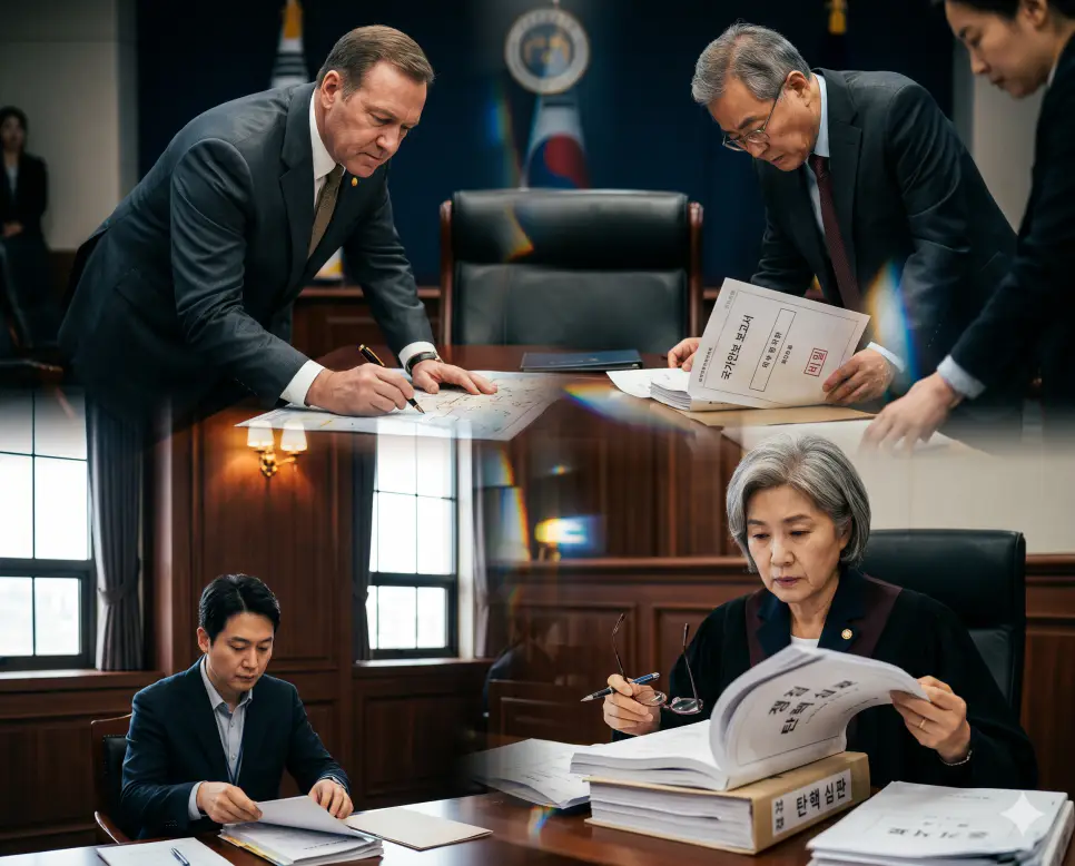 법리적 서류 대치를 상징하는 쟁점(Core Dispute)의 재판정, 실질적 행정 결정을 내리는 실세(Powerful Figure)의 집무실, 밀착 신뢰 보좌를 수행하는 측근(Close Confidants)의 브리핑 요소를 종합 구도로 결합한 최고급 선거 정치 포스터