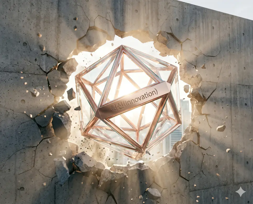 낡은 사고방식과 오랜 관행의 안개를 완전히 깨부수고 가치관의 자립 정신을 바탕으로 전방위적인 질적 진화를 이뤄내는 창조적 변전인 혁신(Creative Innovation)의 정체성을 낡은 콘크리트 벽면이 역동적으로 깨지면서 그 중심에서 눈부신 크리스탈 glass와 로즈골드 융합 구조체가 뿜어져 나오는 찰나로 고증한 극실사 모습