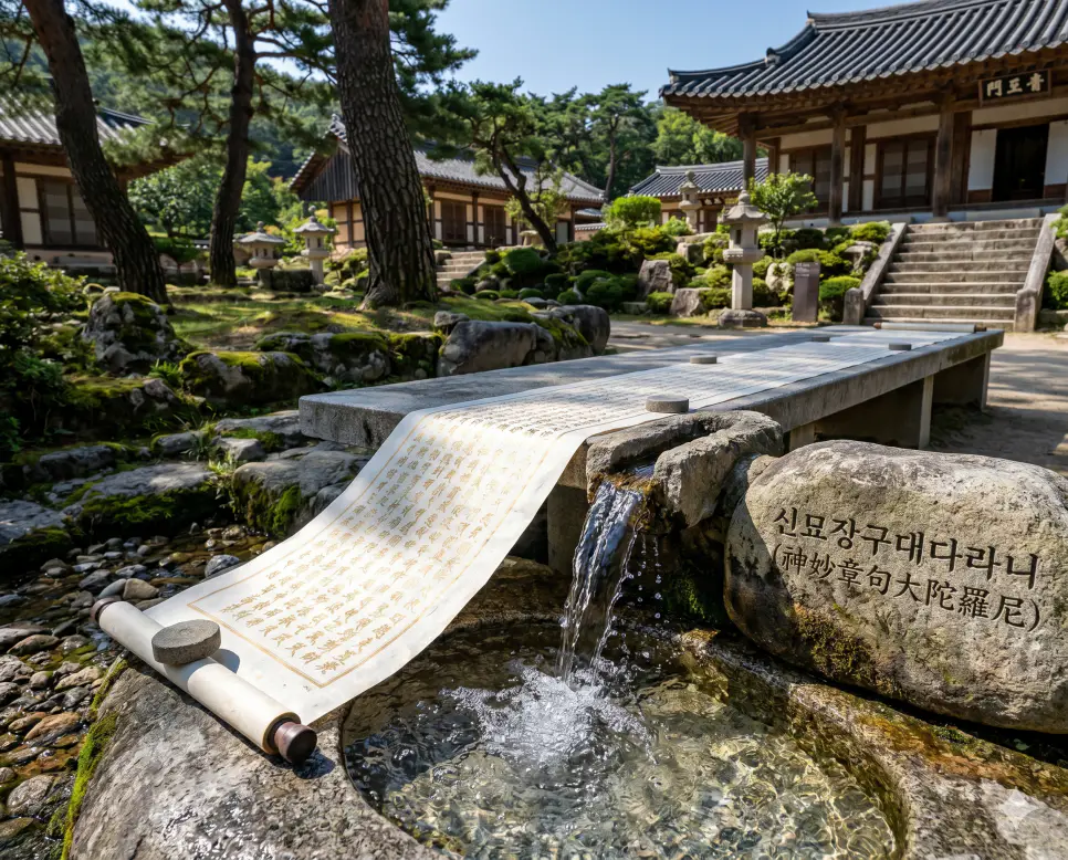 석가모니 뜻, 만트라 뜻, 신묘장구대다라니 뜻: 불교의 창시자와 신성한 주문의 본질 3 신묘장구대다라니 죄업과 오염 리스크를 깨끗하게 세척하는 긴 주문 뜻을 표기하기 위해 정원 바위 표면에 키워드가 조각된 소품 너머로 맑은 샘물 옆에 펼쳐진 황금 붓글씨 두루마리의 극실사 이미지