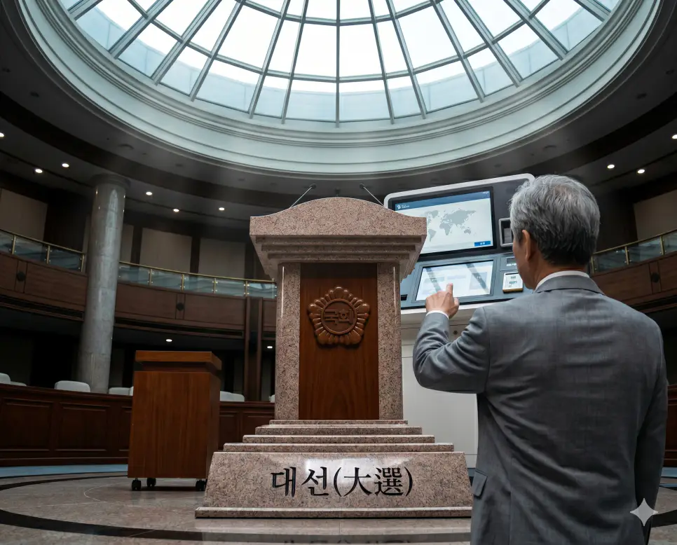 선거 뜻, 대선 뜻, 재보궐선거 뜻: 민주주의 핵심 행정과 최고 서열의 선출 방식 2 대선 대통령을 국민의 직접 투표로 선출하는 최고 서열의 선거를 시각화하기 위해 의사당 중앙 단상 화강암 표면에 키워드가 정교하게 새겨진 소품 너머로 어깨너머 앵글의 시민이 전자 투표 단말기를 가동하는 극실사 모습