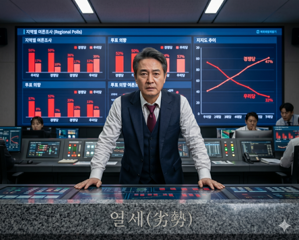 상대방의 세력이나 실력에 비해 아군의 힘이 크게 뒤떨어지거나 부족하여 불리한 위치에 처해 있는 지표인 열세(Disadvantageous Position) 지지율 격차 그래프를 선거 상황실에서 진중한 정면 표정으로 살피는 캠프 팀장의 극실사 모습