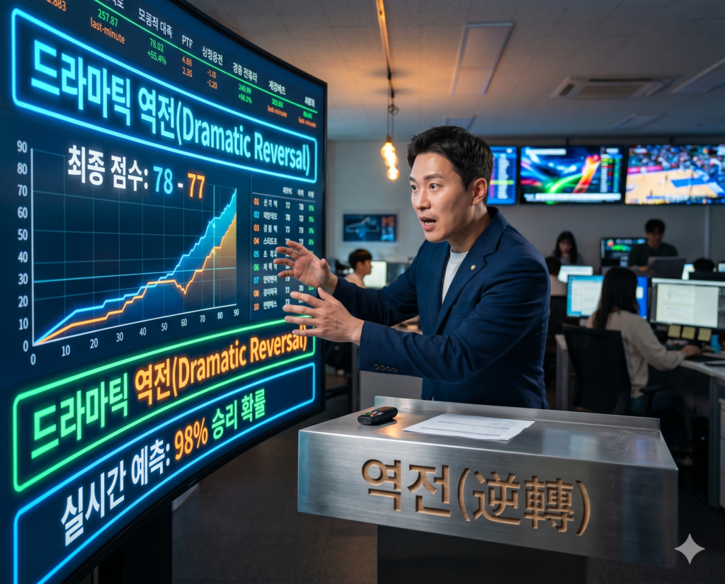 선거 국면이나 경기 마감 직전의 형세, 서열, 혹은 득표수 데이터가 완전히 뒤바뀌어 앞뒤가 바뀌는 상태인 역전(Dramatic Reversal) 크로스 라인 스코어 보드를 정면 구도 방송실에서 당당한 정면 표정으로 바라보는 데이터 앵커의 정면 이미지