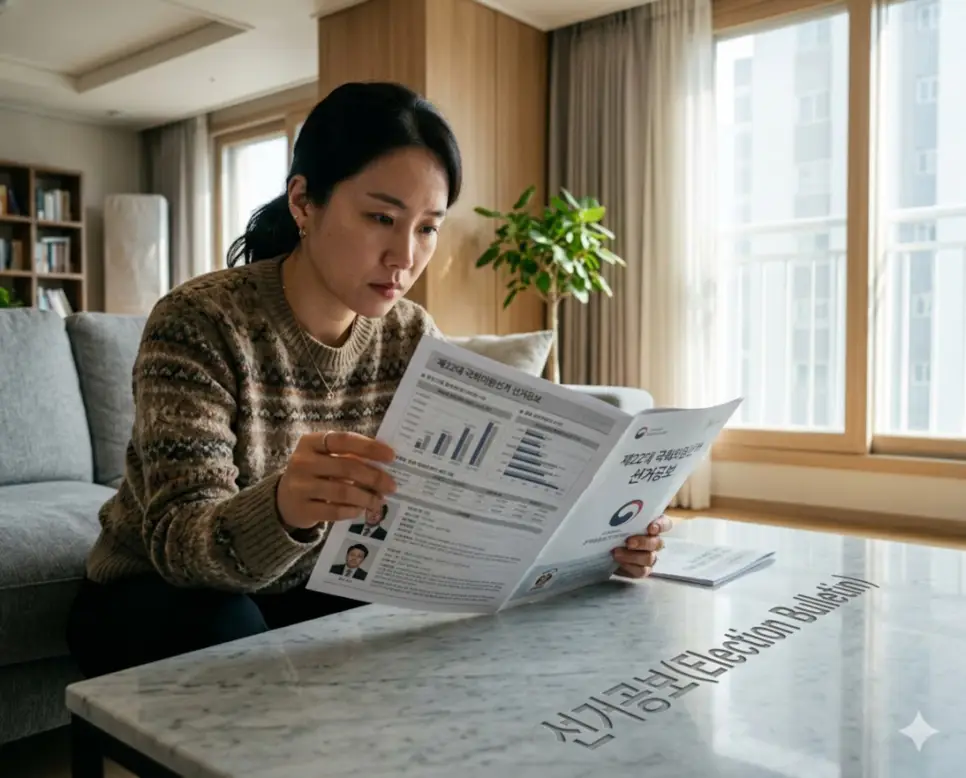 매니페스토 뜻, 선거유세 뜻, 선거공보 뜻: 정책 검증 시스템과 표심 소통 및 후보 데이터 확인 3 유권자가 후보자의 공약, 재산, 병역, 납세 등의 핵심 데이터를 투표 전에 오독 없이 명밀하게 대조할 수 있도록 공식 배포하는 사료 문서인 선거공보(Election Official Bulletin)를 거실 책상에서 집중하여 읽고 있는 시민의 이미지
