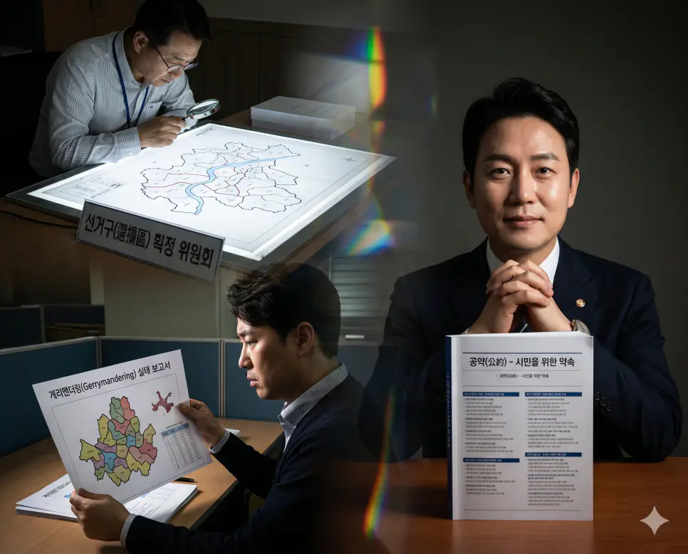 지리적 구획을 나타내는 선거구(Electoral District) 행정 구조, 구역 왜곡을 비판하는 게리맨더링(Gerrymandering) 사상, 정책 약속을 선포하는 공약(Campaign Pledge) 선언의 비주얼 요소를 조화롭게 결합한 최고급 민주주의 선거 획정 포스터