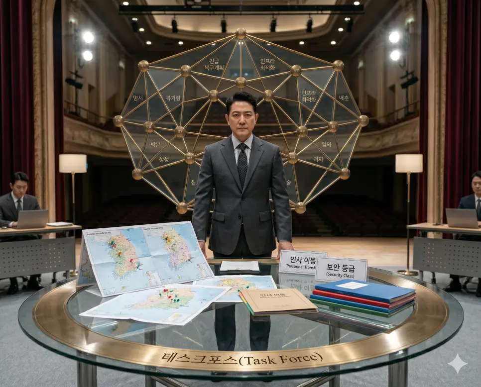 캠페인 뜻, 태스크포스 뜻, 마타도어 뜻: 조직적 소통 운동과 임시 전문 체제 및 흑색선전의 본질 2 특정한 사회적 쟁점이나 긴박한 규제 공백을 신속하게 해결하기 위해 여러 실무 부서에서 핵심 실세들을 차출하여 구성한 임시 전문 조율 체제인 태스크포스(Emergency Task Force) 배치도를 브리핑룸 라운드 테이블 위에서 정면 구도로 차분하게 검토하는 조정관의 극실사 모습