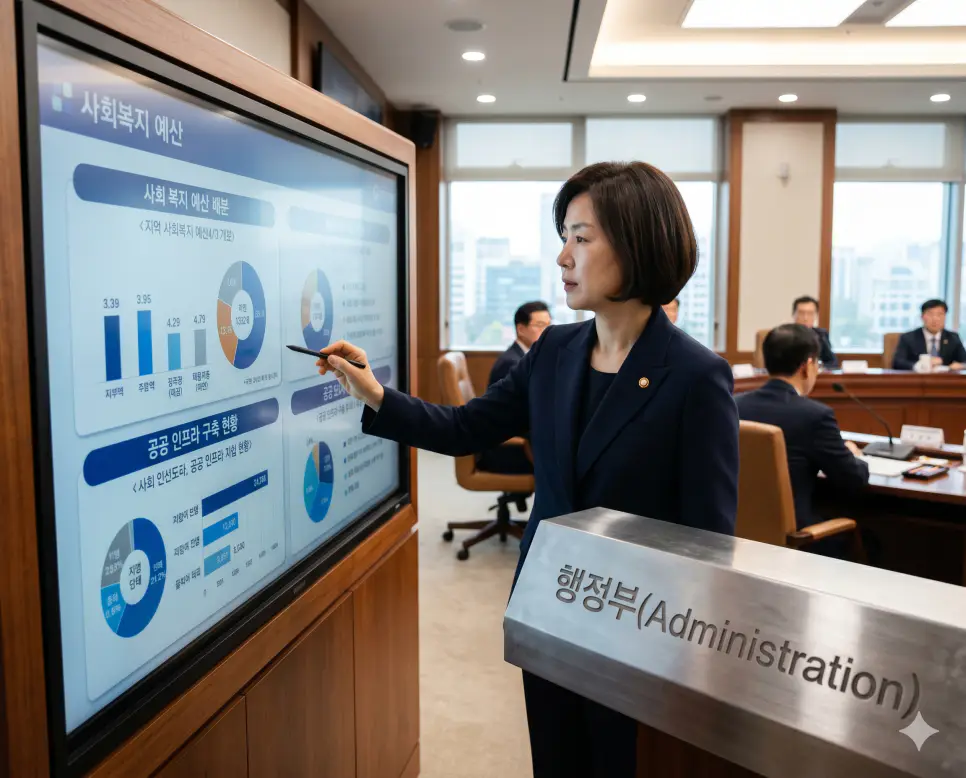 공화주의 뜻, 입법부 뜻, 행정부 뜻: 시민의 공공 덕성과 법률 제정 및 국가 살림 집행 기구의 본질 3 입법부가 확정안 법도와 가이드라인에 의거하여 국가 안위 지표 고도화와 복지 조항 등 실질적인 국가 살림을 집행하는 통치 집행 기구인 행정부(Executive Branch) 종합 개발 예산 지표를 정면 구도 회의실에서 엄숙하게 발표하는 장관의 정면 이미지