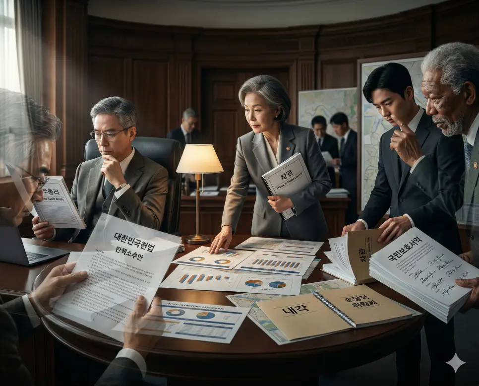 국정 정책 마스터플랜을 조율하는 내각(Executive Cabinet)의 최고 안보실, 소송 위반 브리프를 검토하는 탄핵소추(Impeachment Bill)의 사법 위원회실, 진영 초월 협약서를 결속하는 초당적(Bipartisan Coalition)의 회랑 요소를 종합 구도로 결합한 최고급 정책 포스터