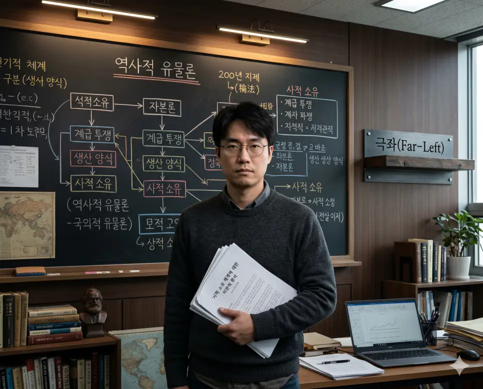 급진적인 사회주의나 공산주의 이념을 추구하며 기득권의 법률 인프라를 전복하고 사유재산 조항의 전면 폐지를 실천하려는 성향인 극좌(Far-Left Radicalism) 변동 다이어그램을 칠판 앞에서 진중한 정면 표정으로 검토하는 분석가의 극실사 모습