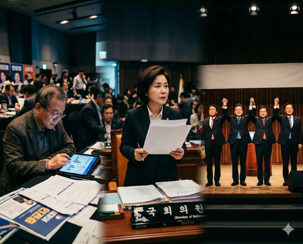 선거 상황을 분석하는 부동층(Floating Voter)의 시선, 승패를 결정짓는 캐스팅보트(Casting Vote)의 저울, 공동 목표를 위해 결속을 선포하는 연대(Political Coalition)의 연단 비주얼을 잡지 구도로 결합한 최고급 포스터